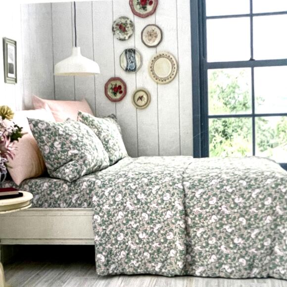 Cath Kidston london JUMPING BUNNIES GREEN Floral 4pc QUEEN Sheet Set NEW - Picture 7 of 10